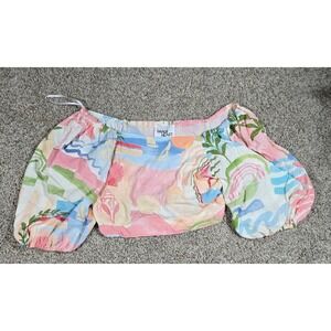 Paper Heart XL Pastel Shell Print Crop Top Off Shoulder Balloon Sleeve - EUC